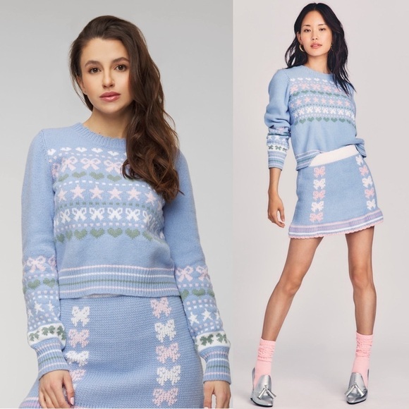 LOVESHACKFANCY 90s Pastel Heart Bow Fair Isle Knit Pullover Cropped Sweater XL - Picture 3 of 16